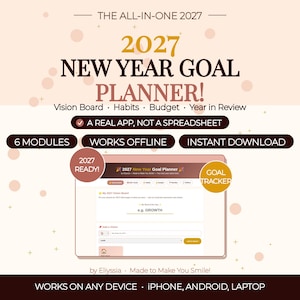 Aplicación interactiva para planificar objetivos hasta 2027 / Tablero de visión, seguimiento de hábitos, presupuesto (descarga digital)
