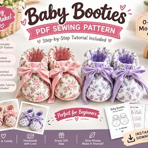May include: A PDF sewing pattern for baby booties sized 0-24 months. The image displays two pairs of fabric booties: one with a pink floral print and pink ribbons, and one with a purple floral print and purple ribbons, plus printed pattern pages.