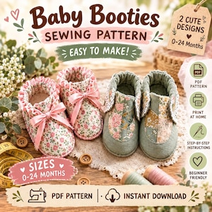 Peut inclure: Un patron de couture pour chaussons de bébé présentant deux modèles. Une paire a un imprimé floral rose avec des volants et des nœuds, l'autre un motif floral en patchwork vert. Le texte indique Baby Booties Sewing Pattern.