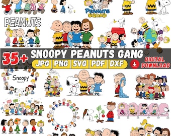 May include: A digital collection of Peanuts gang illustrations featuring Snoopy, Charlie Brown, and friends in various poses, group arrangements, and circular patterns, with text labels including Peanuts, Snoopy, and 35+ Snoopy Peanuts Gang.