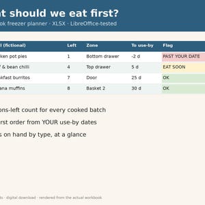 May include: A digital batch-cook freezer planner spreadsheet titled What should we eat first? featuring a table with columns for meal, quantity, storage zone, use-by date, and status flags including Past your date, Eat soon, and OK.
