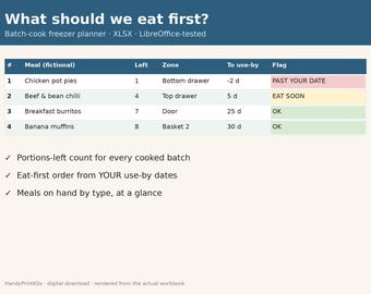 May include: A digital batch-cook freezer planner spreadsheet titled What should we eat first? featuring a table with columns for meal, quantity, storage zone, use-by date, and status flags including Past your date, Eat soon, and OK.