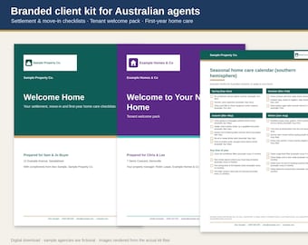 May include: A branded client kit for Australian agents featuring settlement and move-in checklists, a tenant welcome pack, and a seasonal home care calendar. The documents include Sample Property Co. and Example Homes & Co. branding.