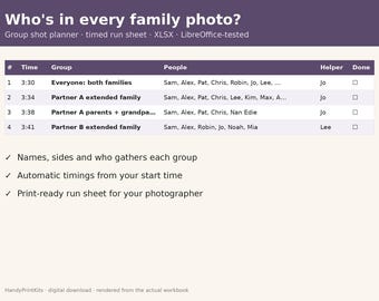 May include: A digital group shot planner spreadsheet titled Who's in every family photo? featuring a table with columns for time, group, people, helper, and done status. It includes checkmarks for names, automatic timings, and print-ready run sheets.
