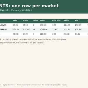 May include: A digital spreadsheet template titled EVENTS: one row per market, featuring columns for Event, Stall, Travel, Hours, Sales, Card fees, Stock, Net, and /hr. It lists Riverside Twilight, Big Hall Christmas, and School Fete.