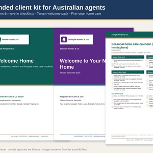 Real Estate Agent Client Kit Australia, Settlement Checklist, Tenant Welcome Pack, Home Maintenance Checklist, Editable Branded Template