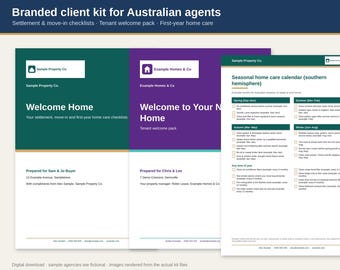 May include: A branded client kit for Australian agents featuring settlement and move-in checklists, a tenant welcome pack, and a seasonal home care calendar. The documents include Sample Property Co. and Example Homes & Co. branding.