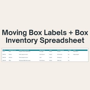 May include: A digital document titled Moving Box Labels + Box Inventory Spreadsheet featuring a table with columns for Box ID, Destination room, Contents, Open priority, Status, Current location, Fragile, and Notes on a light background.