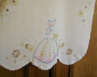 Embroidered Table runner with Lady and flowers, vintage