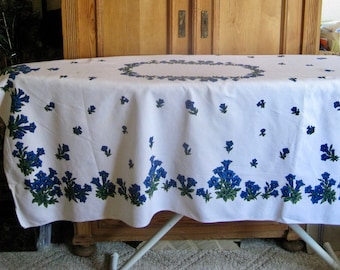 White with Blue Flower Design Tablecloth, Rectangular, 49 x 57 inches, fair condition, as is