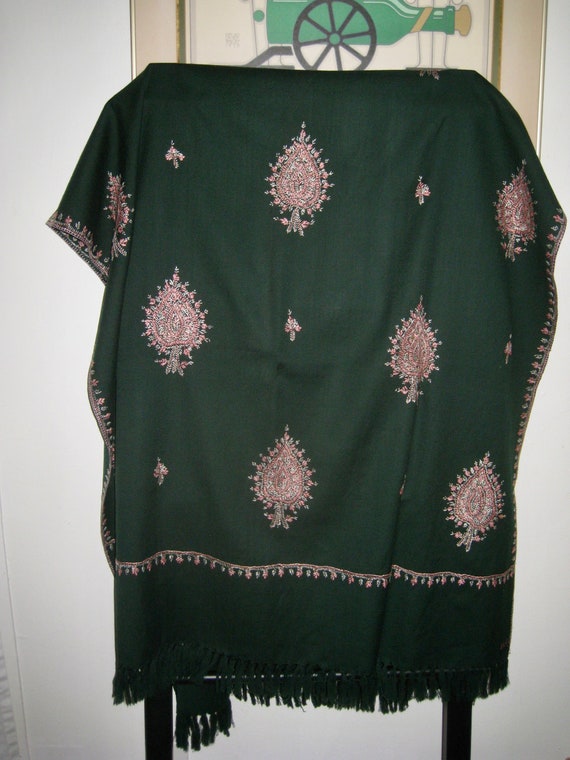 Dark Dark Green East Indian Woolen Shawl with frin