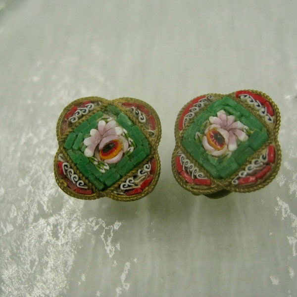 Italian Micro Mosaic Earrings, clip-on style, fair condition, Vintage