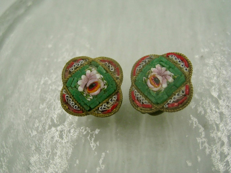 Italian Micro Mosaic Earrings, clip-on style, fair condition, Vintage image 1