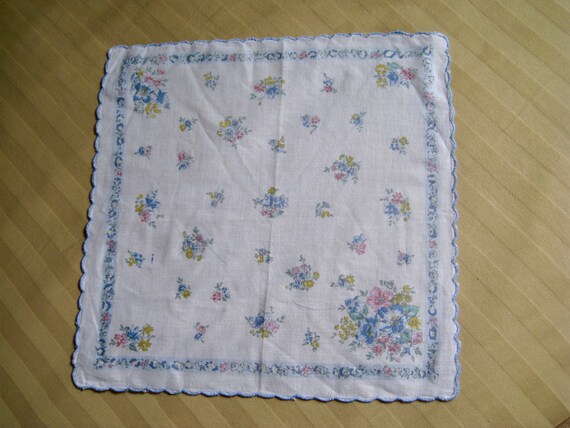 Vintage Handkerchief, One Only,  Blue serged bord… - image 1