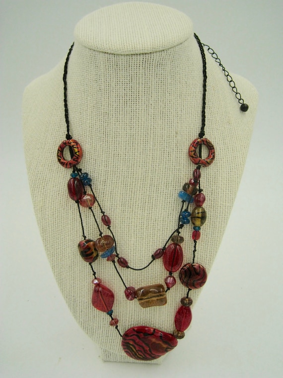 Firey Red Enamel Necklace with Glass Beads
