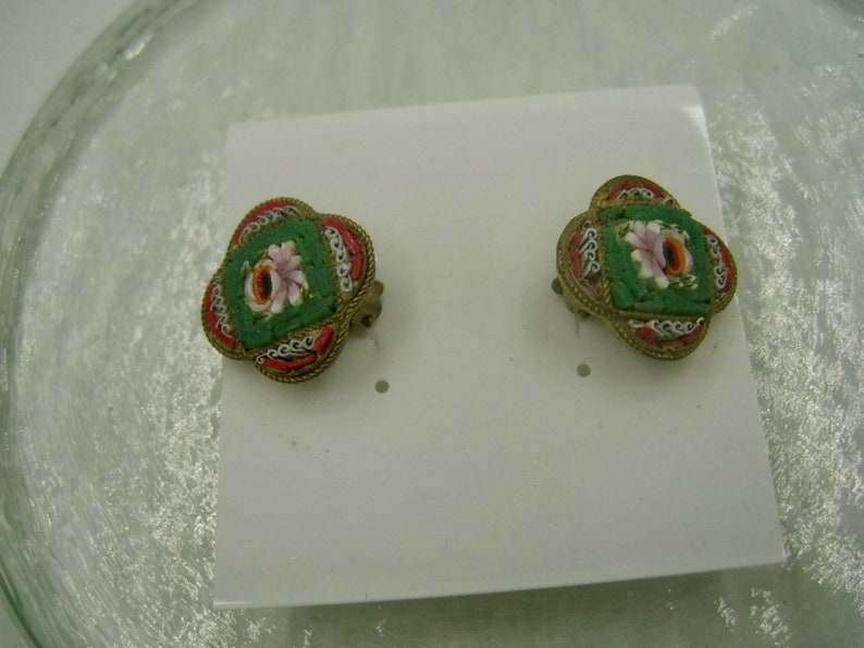 Italian Micro Mosaic Earrings, clip-on style, fair condition, Vintage image 3