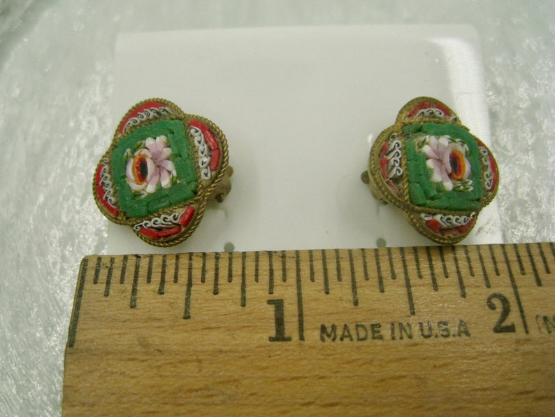 Italian Micro Mosaic Earrings, clip-on style, fair condition, Vintage image 4