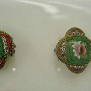 Italian Micro Mosaic Earrings, clip-on style, fair condition, Vintage image 2