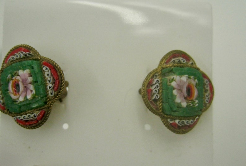 Italian Micro Mosaic Earrings, clip-on style, fair condition, Vintage image 2