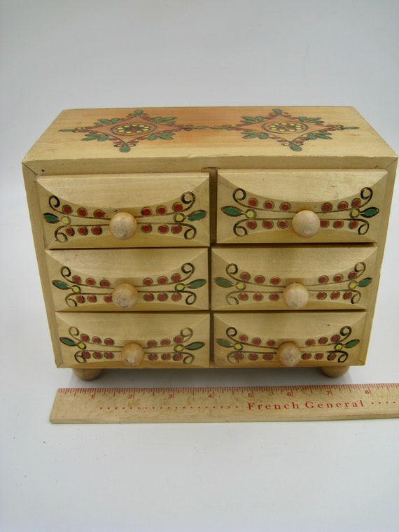 Carved, Wood burned,  and Painted Wood Jewelry Box