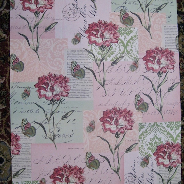 Cavallini "Pink Carnations and Fancy Script" Decorative Paper, Gift Wrap, Poster - Brand New, Perfect!