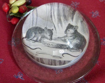 John Derian Crystal Dome Paperweight, Two mice drinking milk