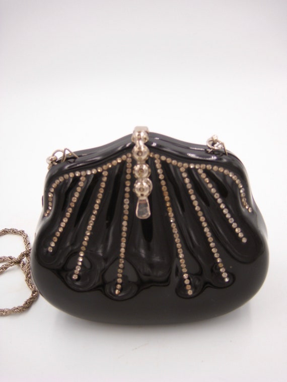 Black Molded Plastic Evening Bag with Rhinestones… - image 3