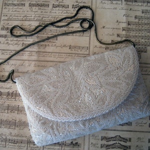 Beautiful White Seed Bead and Bugle Bead Handbag, Leaf Design