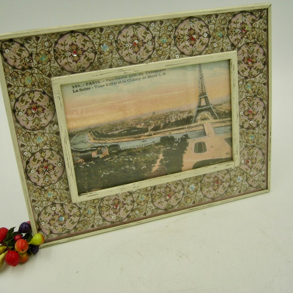 Handmade Elsal Photo Frame Metal with Jeweled Fabric, Paris postcard not included, 2 available, 1 only