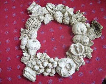 Rustic Concrete Wreath with Fruits and Ribbon, Indoor/Outdoor Use