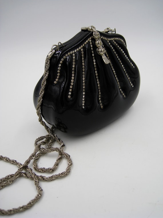 Black Molded Plastic Evening Bag with Rhinestones… - image 1