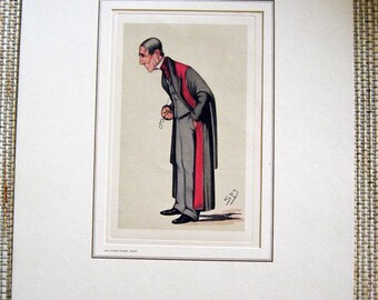 May include: A black and white caricature of a man in a gray suit and red robe. The man is looking down and holding a pair of glasses in his hand. The caricature is signed "SPY" in the bottom right corner.