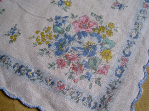 Vintage Handkerchief, One Only,  Blue serged bord… - image 2