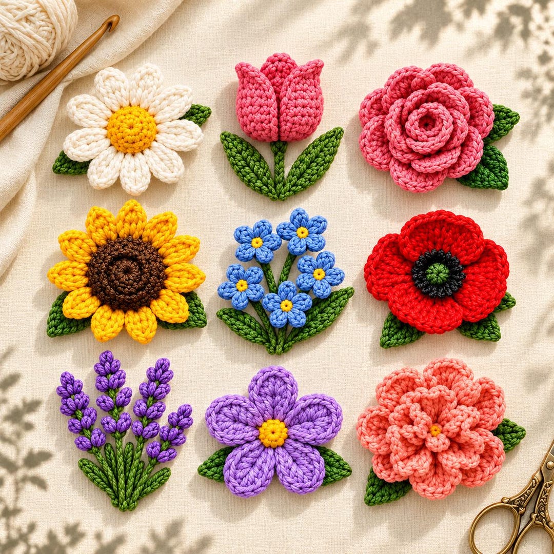 9 3D Crochet Flower Patterns PDF, Botanical Bundle With Rose, Tulip ...