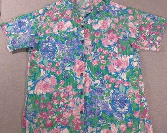 Vintage Orvis Womens Floral Camp Shirt Cotton Short Sleeve Watercolor Small-USA