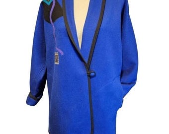 Abrigo vintage de lana azul Beppa con estampado geométrico llamativo y ribete negro de arte abstracto, talla M.