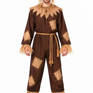 Men's Scarecrow Halloween Costume, Brown Scarecrow Jumpsuit with Hat, Rustic Patchwork Costume, Farm Halloween Outfit