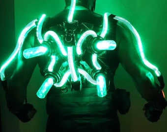 Lighted armor, costume convention back pack, cybernetic gear, green, blue, red, white, gauntlets, bracer, battle gear, animation, anime