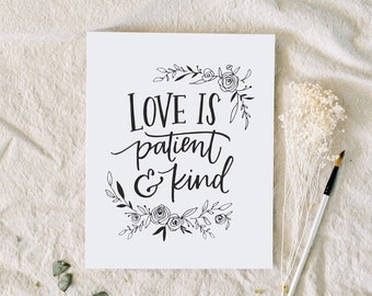 Black and white wall art| Love is patient & kind bible verse, scripture wedding gift, 1 corinthians 13 christian art, baby shower, nursery