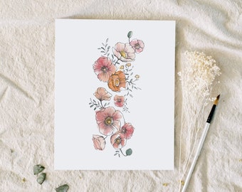 Pink Flowers Art Print | Poppies Watercolor | blush decor, nursery decor, nursery wall art, girls room, garden decor, rose, baby girl gift