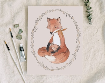 Fox mama & baby 8x10 art print - simple wall artwork for babygirl nursery wall decor, farm animal artwork, baby animal, shower gift