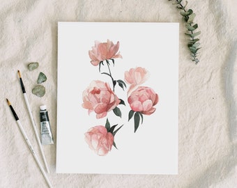 Pink Flowers Art Print | Peonies Watercolor | blush decor, nursery decor, nursery wall art, girls room, garden decor, rose, baby girl gift