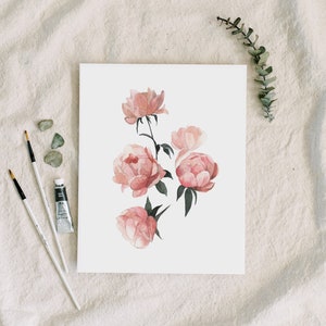 pink flowers art, peonies watercolor flowers, blush artwork decor, coley kuyper art