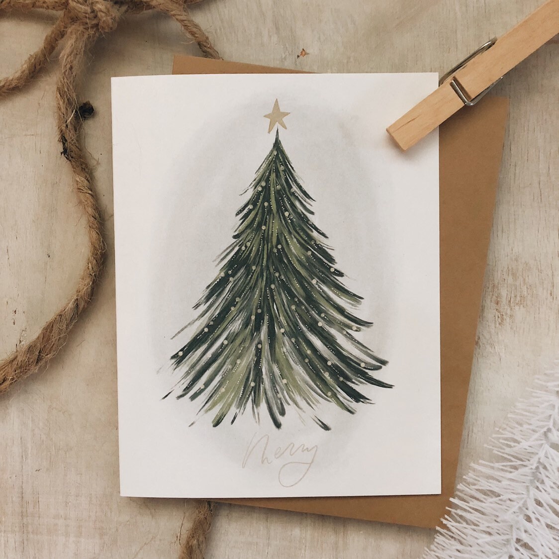 Merry Tree card// Christmas greeting card tree watercolor Etsy