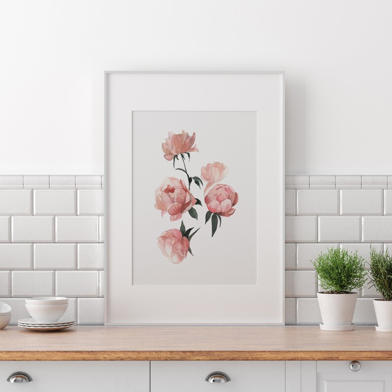 Stampa artistica di fiori rosa / peonie acquerello / arredamento blush, arredamento della scuola materna, arte della parete della scuola materna, camera delle ragazze, arredamento del giardino, rosa, regalo bambina immagine 2