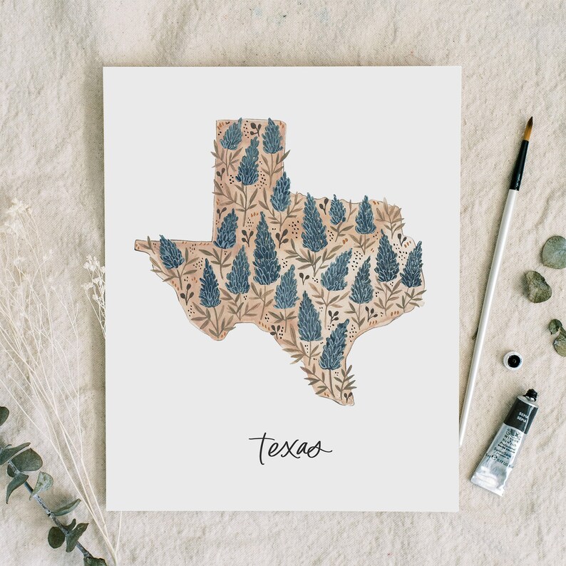 Texas State Flower Bluebonnet 8x10 Art Print wall art whimsical artwork watercolor painting usa home decor housewarming gift image 1