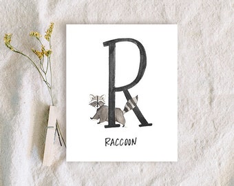 Alphabet Flash Card Digital File Printable Download | the letter "R" Raccoon card, gender neutral, kids room decor, homeschool, abc card