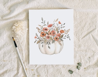 Pumpkin Flowers 8x10 art print | simple artwork watercolor fall painting, fall wedding decor, fall table decor, floral decor, floral art