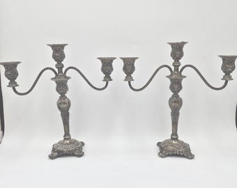 Vintage Wm Rogers & Son Ornate Silver Plated 3 Light Candelabra Pair Convertible