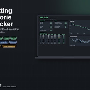 May include: A digital Cutting Calorie Tracker dashboard displayed on a laptop screen. The interface features body weight statistics, a weekly check-in table, and line graphs tracking body weight and calorie targets against a dark background.